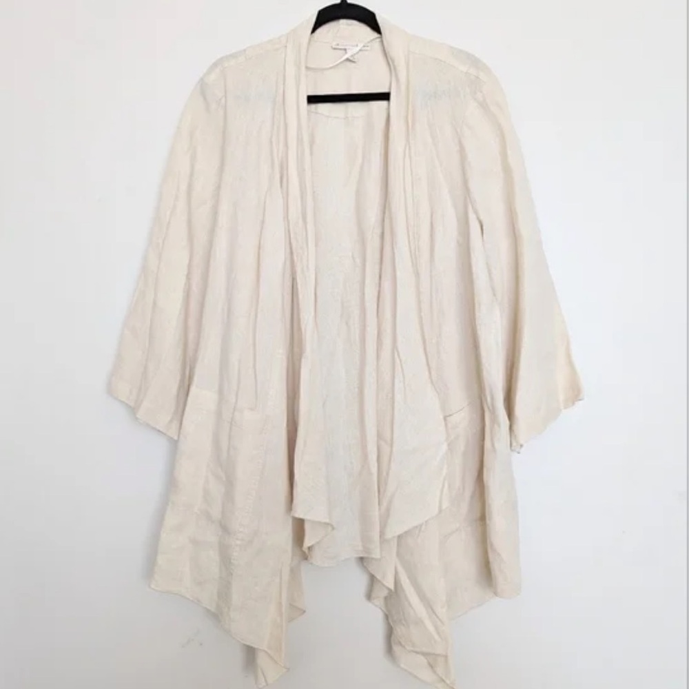 JM Collection Linen Open Drape Front Blazer Cardigan Jacket Cream 18W Pl…